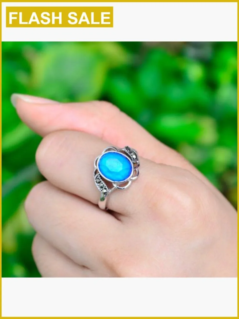Vintage Flower Mood Ring Adjustable Brass Crystal Size 8mm